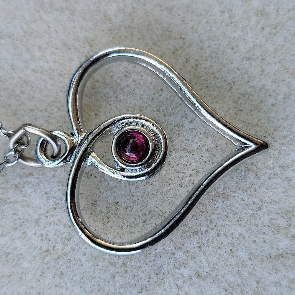 Silver Heart Garnet Embellished Pendant and Silver Chain Necklace